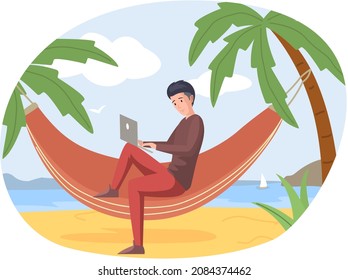 Man rests lies on hammock and reads, studies book. Man with book in her hands spending time outdoor on beach with palm trees. Male character is reading and resting. Leisure, pastime in vacation