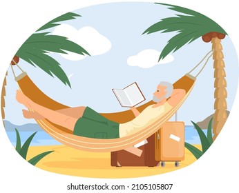 Man rests lies on hammock and reads, studies book. Man with book in her hands spending time outdoor on beach with palm trees. Male character is reading and resting. Leisure, pastime in vacation