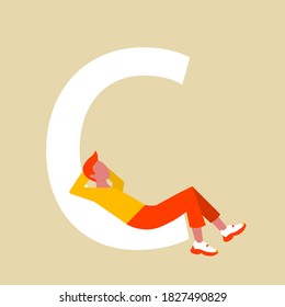 A man rests lying on a large C. A flat cartoon character with an upper case letter. Vector illustration. Eps 10.