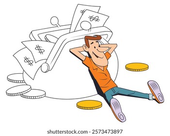 Man rests near wallet money. Funny people. Illustration concept template for website, web landing page, banner, presentation, social, poster, promotion or print media.