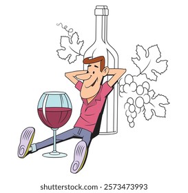 Man rests near wine bottle grapes. Funny people. Illustration concept template for website, web landing page, banner, presentation, social, poster, promotion or print media.