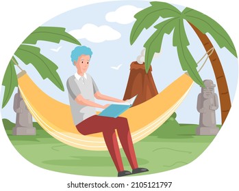 Man rests sits on hammock and reads, studies book. Young guy with book in his hands spending time outdoor on beach with palm trees. Male character is reading and resting. Leisure, pastime in vacation