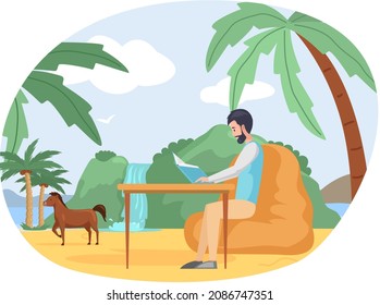 Man rests or works sits at table and reads outdoor. Young guy with book in his hands spending time near waterfall and palm trees. Male character is reading and resting. Leisure, pastime in vacation