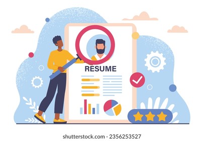 Hombre con currículum. Joven con lupa cerca del documento, CV. El director de recursos humanos evalúa a los candidatos para la vacante. Caza de cabezas y reclutamiento. Dibujo vectorial plano de dibujos animados