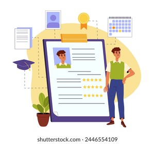 Hombre con currículum. Joven parado cerca del perfil. Joven especialista con libreta. Caza y reclutamiento. Candidato en vacante con Curriculum Vitae. Ilustración vectorial plana de dibujos animados