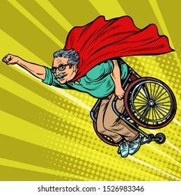 man retired superhero disabled in a wheelchair. Health and longevity of older people. Pop art retro vector illustration drawing vintage kitsch