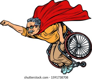 man retired superhero disabled in a wheelchair. Health and longevity of older people. Pop art retro vector illustration drawing vintage kitsch