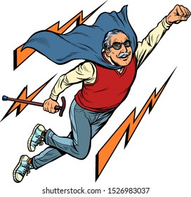 man retired superhero. Health and longevity of older people. Pop art retro vector illustration drawing vintage kitsch