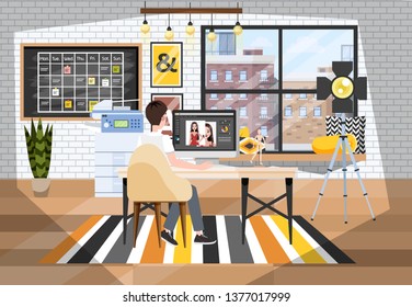 Man retouching photo on the computer. Photostudio building interior. Professional photographer improve photo. Vector illustration in cartoon style