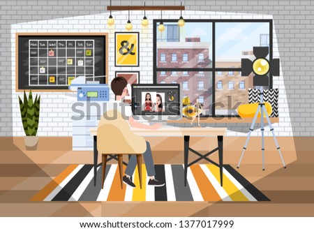 Man retouching photo on the computer. Photostudio building interior. Professional photographer improve photo. Vector illustration in cartoon style