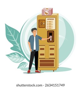 A man retrieving coffee from a vending machine, set against artistic leaves. The image conveys concepts of convenience, coffee enjoyment, and modern technology with a decorative touch.