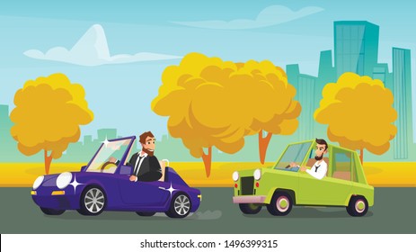 Man in Retro Automobile Trying Overtake Shiny Sports Car. Happy Smiling Owners Driving Auto on Highway Road. City Life Traffic. Flat Urban Cityscape Cartoon Backdrop. Vector Illustration