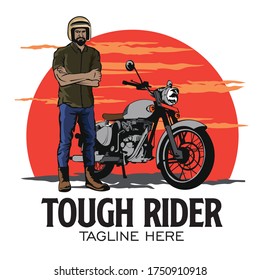 A man with a retro classic motorcycle vector illustration, perfect for biker community logo and t shirt design
