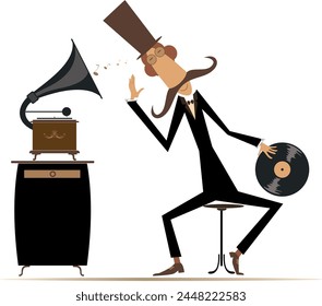 Man and retro record player. 
Cartoon man in the top hat holds a long playing record and listens to a vintage record player. Isolated on white background
