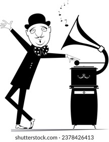 Man and retro record player. 
Funny elegant man in the bowler hat listens a vintage record player. Black and white illustration
