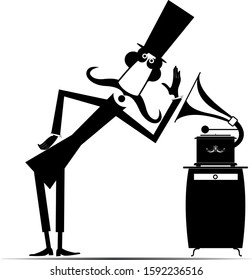 Man and retro record player illustration. Funny mustache man in the top hat is listening to music by vintage record player isolated on white
