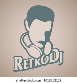 Man retro style with mustache and headphones around the head. Title of old-style lettering.