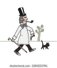 A man in a retro suit with a cane for a walk, with a cat. Drawing in a vector , humor. Bowler hat, bow tie, smokes a pipe.