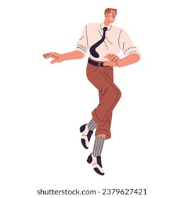 Man in retro suit with tie perform swing in Broadway style. Tap dancer in vintage costume dance to jazz music. Choreography performance 40s, 50s. Flat isolated vector illustration on white background