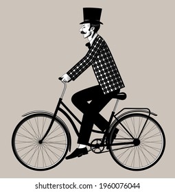 Man in retro suit and top hat riding a bicycle. Vintage fashion engraving stylized drawing. Vector illustration