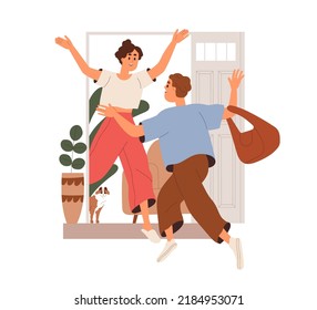 Man returning home. Happy woman meeting husband at open house door. Couple hugging after separation. Person coming back to wife for reunion. Flat vector illustration isolated on white background