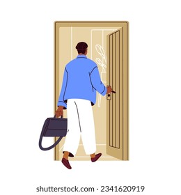 Man returning home, opening unlocking door entrance. Person coming back to house from work. Guy entering, going, stepping into apartment. Flat graphic vector illustration isolated on white background