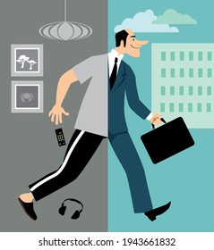 Man Returning To Work In The Office After Covid-19 Lockdown And Working Remotely From Home, EPS 8 Vector Illustration