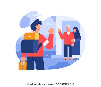 A Man Returns To His Parents House After Leaving For A Long Time Illustration Vector
