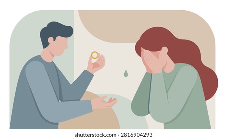 Man returns a wedding ring to a crying woman covering her face during a difficult breakup or divorce illustration.
