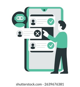 Man Reviewing Mobile App Notifications with the help of AI Digital Technology Flat Design Illustration