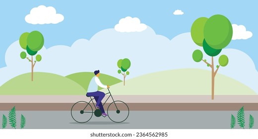 man ridding bicycle in park, healthy lifestyle vector illustration