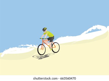 Man ridding bike on the beach vector illustration. Biker outdoor sports simple design.