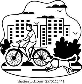 Man Ride Bicycle Doggy Running side by side vector color design, Pet foster and hotel Symbol, kennel animals Sign, Human-animal interaction scene illustration, cycling with a dog in morning concept