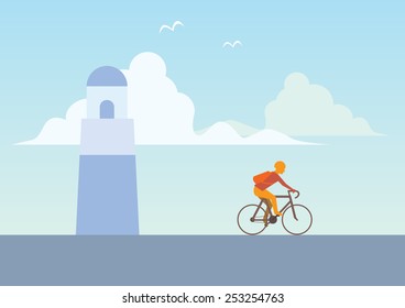Man ride bicycle with lighthouse in background