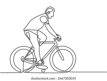Man ride bicycle in one continuous single line art drawing style. Adventure traveling outdoor sport concept vector illustration.