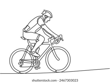 Hombre montar en bicicleta en una sola línea continua estilo de dibujo de arte. Aventura de viaje al aire libre concepto de Ilustración vectorial.