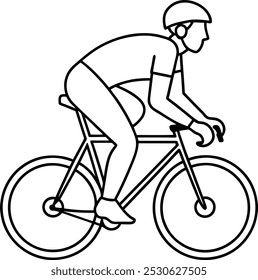 A Man ride bicycle in one continuous single line art drawing style. Adventure traveling outdoor sport bicycling outline vector illustration isolated.