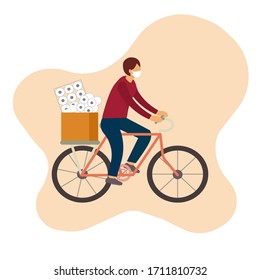 Man ride a bicycle and there is the tiolet paper box on the back of the bicycle , concept of panic shopping during worldwide pandemic of covid-19, male character wearing medical mask.