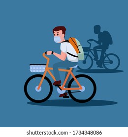 Man ride bicycle and wear face mask to follow social distancing rules in order to prevent corona virus spreading. Flat design vector.