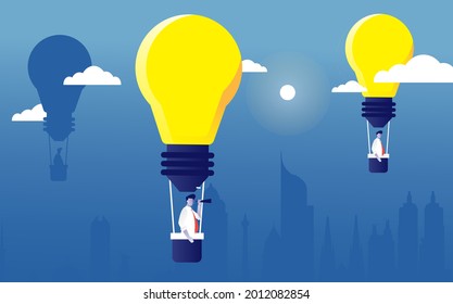 A Man ride a big light bulb air balloon past its competitor's office building for reach growth for his bussiness 
