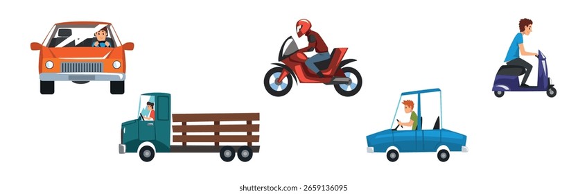 Hombre Ride and Drive Diferentes tipos de Vector de transporte Urbana