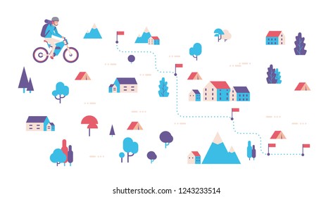 man ride electric bicycle expedition backpack forest travel concept isometric map isolated flat horizontal