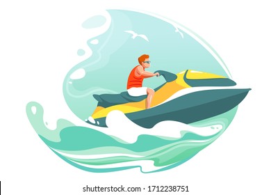 Man ride jetski in sea vector poster  Aquabike ocean waves illustration  Summer cartoon landscape and character in sunglasses water scooter  Extreme watersport banner  Wave isolated background 