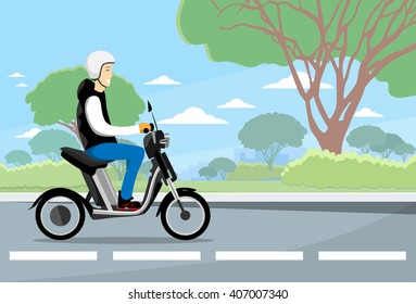 Man Ride Moped Electric Scooter, Motorcycle Wearing Helmet Nature Background Flat Vector Illustration