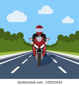 Man Ride Motor Bike on Highway , Sport Motorcycle Over Nature Flat Vector Illustration