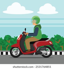 Vespa de la motocicleta del paseo del hombre en Indonesia con la actividad uniforme verde del paseo que comparte usando aplicaciones