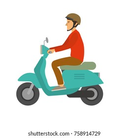 A man ride a motorcycle scooter trough city