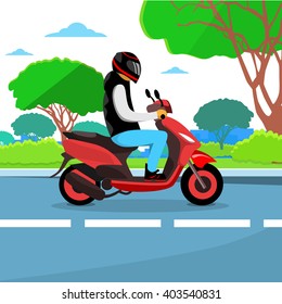 Man Ride Motorcycle Wearing Helmet Flat Vector Illustration