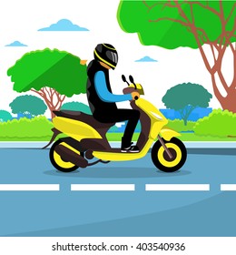 Man Ride Motorcycle Wearing Helmet Flat Vector Illustration