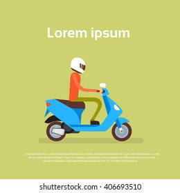 Man Ride Motorcycle Wearing Helmet Copy Space Flat Vector Illustration